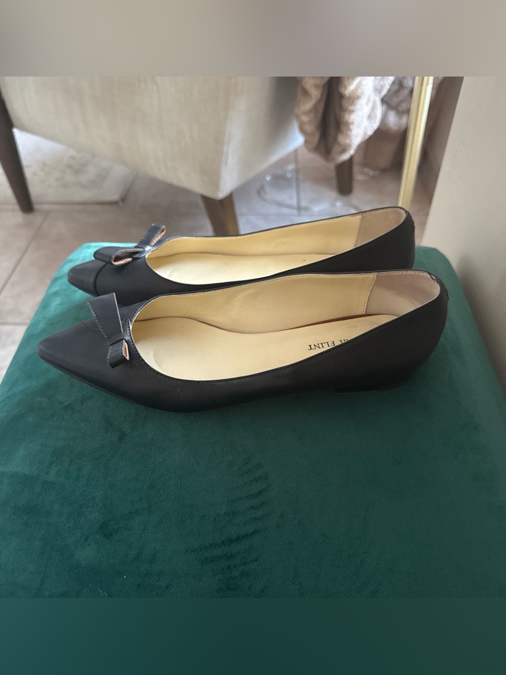 Sarah Flint Black Pointed Toe Bow Flats - Women's Dress Shoes